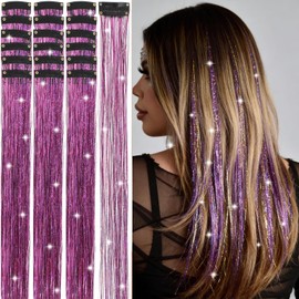 Hair Tinsel Kit 18 Pcs Hair Tinsel Clip in Fuller Sparkle, Heat Resistant Clip in Glitter Tinsel Hair Extensions Fairy Purple Hair Accessories for Women Girls Daily Party Festival (Purple)