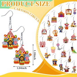 Liliaafar 24 Pairs Circus Party Decorations Bulk Carnival Earrings for Women Circus Birthday Earring Gift Acrylic Dangle Funny Clown Popcorn Charm Jewelry