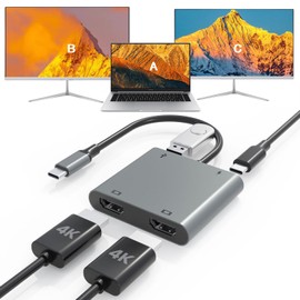 USB C to Dual HDTV Adapter, Fophmo 4K@60Hz HDTV Splitter Extended Display for Dual Monitors, 100W PD, USB-A Port, Windows Allows Multi-Monitor Display 3 Separate Screens, macOS Only Allows Mirror Mode