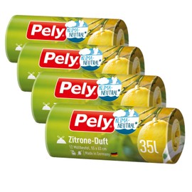 Pely Drawstring Bin Liners with Lemon Fragrance - Climate Neutral by Compensation, Value Pack (4 x 12 Pieces), Yellow, for Disposal of Residual Waste (35 Litres) with Pleasant Fragrance