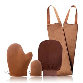 Paquete 4 de Guante Aplicador de Gamuza para Autobronceador, Aplicador de Loción Bronceadora, Incluye Guante Exfoliante, Guante de Bronceado, Mini Guante Facial, Aplicador de Loción para La Espalda，Color Café