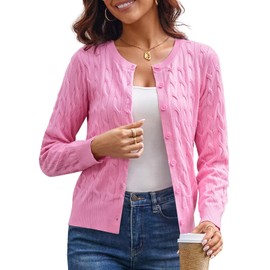 Womens Button Down Cable Knit Cardigan Sweaters Lightweight Pink Cropped Cardigan Crewneck Sweater Jacket for Women XL