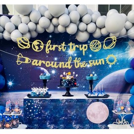 Pre-Strung First Trip Around The Sun Banner - Gold Glitter Space Themed Birthday Party Decorations Supplies for Boys or Girls, Baby Space Theme Birthday Banner, Sunshine Baby Shower 1st Banner Decor, Photo Booth Props