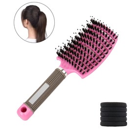 Hair Brush + 5 Scrunchies - Anti Pull - Massage Effect - Detangling Comb - Jabali Bristles - All Hair Types (Pink)