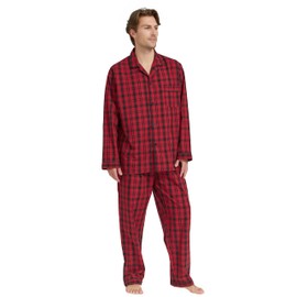 TONY AND CANDICE Men's Cotton Pajama Set, Long Sleeve Button-Down Woven Sleepwear (Red/Black Plaid,Large)