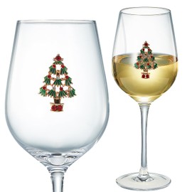 Set of 2 Stemmed Diamond Studded Christmas Tree Wine Glasses - Cheer for Holiday Gift and Winter Season - 14 oz Stemless Decorated Tree Ornament Wine Tumblers for Holiday Season and Winter - 8.8" H