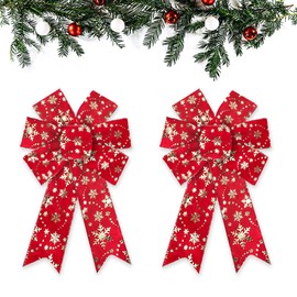 ABTOLS 2PCS Christmas Wreath Bows, Red Bows for Wreath Xmas Decor Bow for Front Door Gold Glitter Snowflake Tree Topper Bows for Winter New Year Wall Ornaments Home Indoor Outdoor Decor