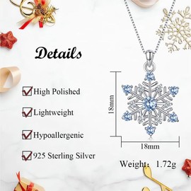 Bewenda Silver Christmas Necklace, 925 Sterling Silver Snowflake Pendant Necklace with Blue Cubic Zirconia, Hypoallergenic 45+5cm Xmas Long Chain, Winter Jewellery Gift for Ladies Wife Mother Girls