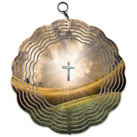 Christian Cross Light in Sky Design Wind Spinner Art 10 inch for Garden Decor with Swivel Hook, Double Sided Circle Hanging Wind Spinner Religious Tree Design Hanger for Yard Porch Front Door