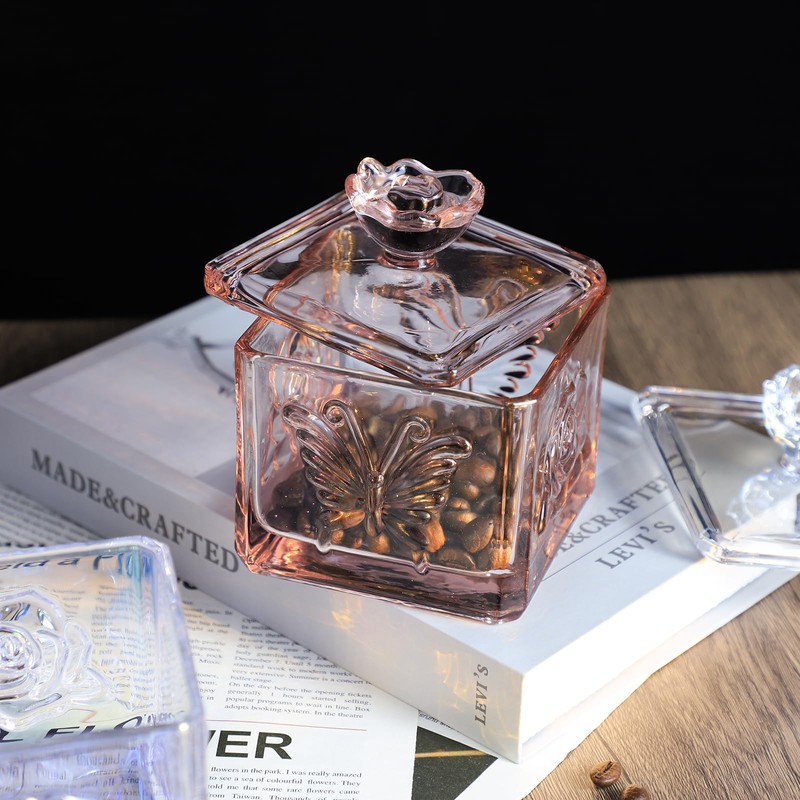 Gaolinci Roses & Butterflies Embossed Glass Candy Jar, Stained Glass