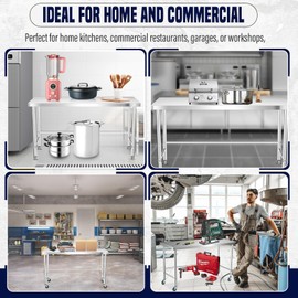 36 x 24 Inch Stainless Steel Work Table, Heavy Duty Commercial Kitchen Prep Table with Open Base & 4 Wheels, Food Grade Metal Worktable for Restaurant, Home, Hotel, Silver