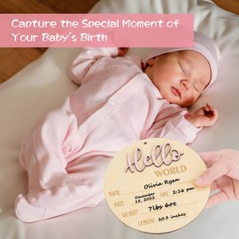 Hello World Announcement Sign for Girl: Wooden Pink Baby Newborn Signs for Hospital with Footprint - Round Baby Birth Board for Welcome New Girl