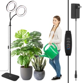 SDOVUERC Full Spectrum Grow Light with Stand for Indoor Plants, Floor Plant Light, 3/9/12H Timer, 3 Color Modes, Adjustable Height 16.5–68in, for Large Plants & Home Décor(2 Heads)