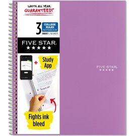 Five Star Spiral Notebook + Study App, 3 Subject, College Ruled Paper, 8-1/2" x 11", 150 Sheets, Fights Ink Bleed, Water Resistant Cover, Amethyst Purple (38746)
