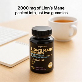 Lion's Mane Gummies, Mixed Berry Flavour, with L-Theanine, B6, B12, Sugar Free, Vegan Friendly, 1 Month Supply, Mind and Focus Complex Supplement, 60 Gummies