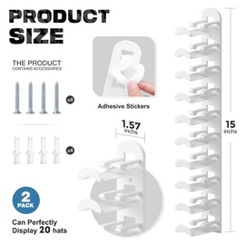 Hat Hook for Wall, 2 Pack Hat Organizer Hold up to 20 Hats,Hat Holder with Strong Adhesive and 8 Pack Screws, Cap Holder Hat Hangers for Wall Closet Door and Bedroom(B-white)