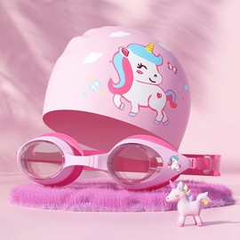 Children's Cartoon Waterproof and Anti Fog Swimming Cap, Equipped with Swimming Goggles, Suitable for Girls with Long and Short Hair, Boys and Children, Adjustable Shoulder Straps (Pink Unicorn)