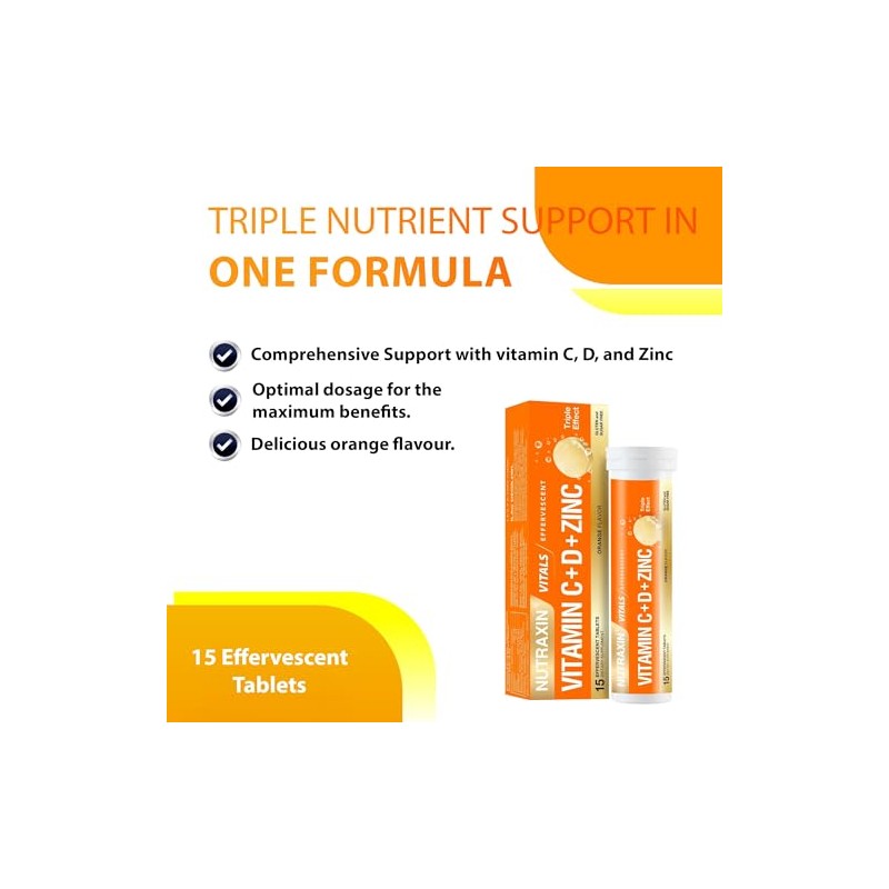 Nutraxin Vitamin C+D+Zinc 400IU - 15 Tablets, 15 Day Supply