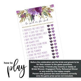 Purple Floral Bridal Shower Games (25 Pack) He Said She Said Cards - Bride or Groom Said It - Guess Who Knows Couple Best Guessing Activity - Wedding - Engagement Party - Rehearsal - Rustic