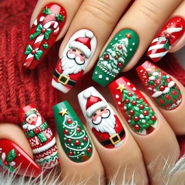 24PCS Christmas Press on Nails,Cute Square Xmas False Nails,Lovely Fake Nails with Santa Claus and Christmas Tree Design,Medium Length Glossy Full Cover Manicure for Women and Girls