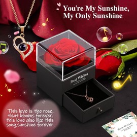 IMLUCKY Caja de Regalo con Rosas de Flores Preservadas: Rosa Roja para Siempre con Collar I Love You Regalos para Mamá/Hija/Novia/Esposa en Aniversario/Boda/Cumpleaños/Navidad (Oro Rosa)