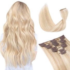 Tess Clip-In Real Hair Extensions, Remy Human Hair Extensions for Full Head, 8 Wefts, 35 cm, 60 g, #18P613 Golden Blonde/Blonde