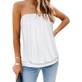 Women's Strapless Tops Summer Shirts Casual Bandeau Tank Tunic Tube Blouse (A Solid White a,M)