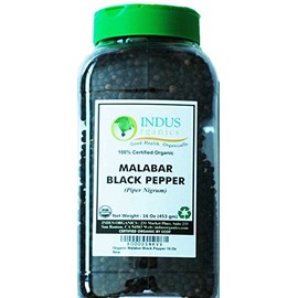 Indus Organics Malabar Black Peppercorns, 1 Lb Jar, Premium Grade, High Purity, Freshly Packed
