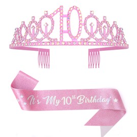 10th Birthday Decorations for Girls,Light Pink Headband & Glitter Sash Set for 10 Year Old Girl Birthday Decoration (Light Pink)