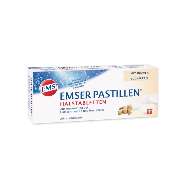 Emser Pastillen Ginger Throat Tablets Sugar Free - For Sore Throat, Cough and Swallowing - Pack of 30