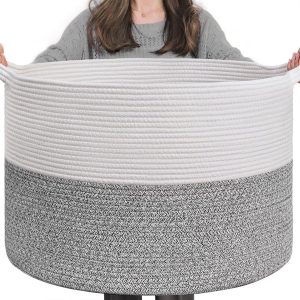 INDRESSME Large Storage Basket, 21.7'' x 13.8'' Cotton Rope Blanket Basket Living Room, Toy Organizers and Storage with Handles for Kids, Laundry Basket for Clothes, Towel, 90L Grey
