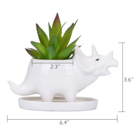 VanEnjoy Desktop Cute Cartoon White Triceratops Dinosaur Ceramic Succulent Pot with Tray, Tabletop Bonsai Cactus Flower Pot Vase Holder Decorative Organizer
