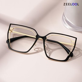 Zeelool Square Blue Light Glasses for Women Oversized Metal Eyeglasses Black Designer Eyewear Glasses Anti Eyestrain Quinn JGM663645-05B