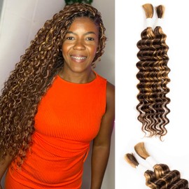 Human Braiding Hair Deep Water Wave 2 Bundles/Pack 50g 20 Inch, Chololate Brown to Honey Blonde Bulk Human Hair Braiding Hair for Boho Braids, Wet and Wavy Curly Boho Human Hair for Braiding