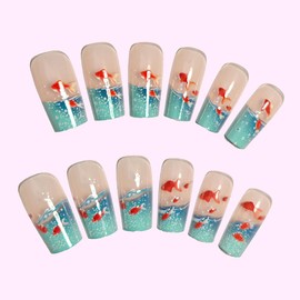 24 Pcs Press on Nails Long Square Nail Tips WLGDLH Summer Fall Fake Nails Press ons Acrylic Nail Kit Full Cover Reusable False Nails Light Blue Glue on Nails Red Goldfish Nail Art for Ma'am