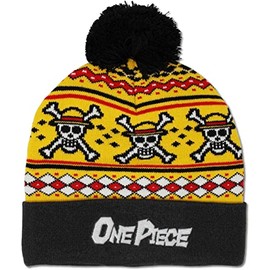 Ripple Junction One Piece Straw Hat Crew Adult Anime Mens Womens Fitted Knit Winter Hat Pom Pom Beanie Black and Yellow