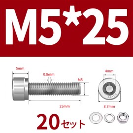 Stainless Steel Hex Socket Head Cap Bolt M5 Full Threaded Screw Bolt Nut Flat Lock Washer Kit Fully Threaded (M5x25mm Set of 20)