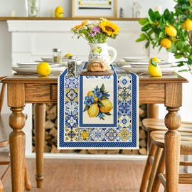 Artoid Mode Lemon Flowers Blue and White Porcelain 210 GSM Summer Table Runner, Seasonal Spring Kitchen Dining Table Decoration for Home Party Decor 13x72 Inch