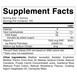 Vitamatic Vitamatic Sugar Free Vitamin A 25000 IU Gummies (Retinyl Palmitate) - Natural Strawberry Flavor - 120 Pectin Based Gummies (3 Bottles)