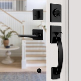 TMC Matte Black Handleset wit Door Lever Knob Handle Single Front Door(Matte Black, Keyed Handleset)