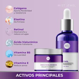 MIST JEWEL | Pack facial de noche con serum retinol 50ml y crema nocturna 50g para hombres y mujeres reparación y renovación | Paquete cuidado facial de suero + crema reparadora e hidratante