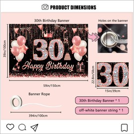 Royaya Happy 30th Birthday Banner, Rose Gold and Black Birthday Decorations, 150 x 110 cm, Fabric Birthday Backdrop Banner for Outdoor Yard Garden Table Wall Decor ，Party Supplies for Women Girls