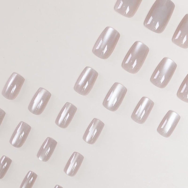 White Press on Nails Medium Almond Fake Nails with Cat