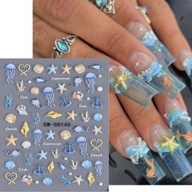 Summer Nail Art Stickers Ocean Nail Art Decals 5D Embossed Nail Stickers Starfish Jellyfish Shell Nail Art Design Decals Marine Life Nail Art Decoration Self Adhesive Nail Art Supplies Accessories 1pc