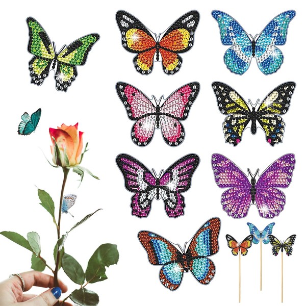 8 Pcs Butterfly Diamond Art, 5D Diamond Painting Kits for Garden Decor, DIY Butterfly Diamond Art Kits for Adults Kids, Butterfly Diamond Art Club, Butterflies Decorative Stick for Crafts Outdoor Decor for Patio
