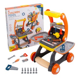 Fun Express Plastic Tool Cart with Play Pieces - Educational Tool Set for Kids, Kids Plastic Tools for Kids with Play Accessories - Educational Pretend Play for Children, Portable Educational Toy