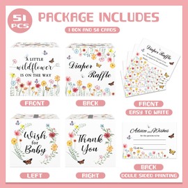 OWWOPATS 51 Pcs Wildflower Diaper Raffle Tickets with Box Baby Shower Games, Floral Diaper Raffle Cards Box Baby in Bloom Baby Shower Decorations for Girl