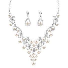 JunyiDIY Elegant Pearl Jewelry Set | 10mm White Plastic Pearl Necklace and Earrings | Classic and Stylish | Perfect for Bridesmaid Dinners Friend Gatherings Engagements | 2-Piece Set