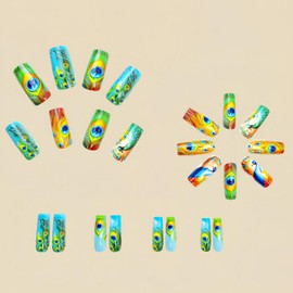 Coffin Shaped Press on Nails Medium Length Fake Nails with Peacock and Feather Designs Green Glossy False Nails Full Cover Reusable Acrylic Nails Stick on Nails for Women Nail Art Manicure 24 Pcs