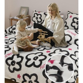 CinYana Fluffy Duvet Cover Set Floral Duvet Cover 5 Piece Furry Fuzzy Comforter Cover Set,King Size Flowers Bedding Sets(Black and White,King/California King)